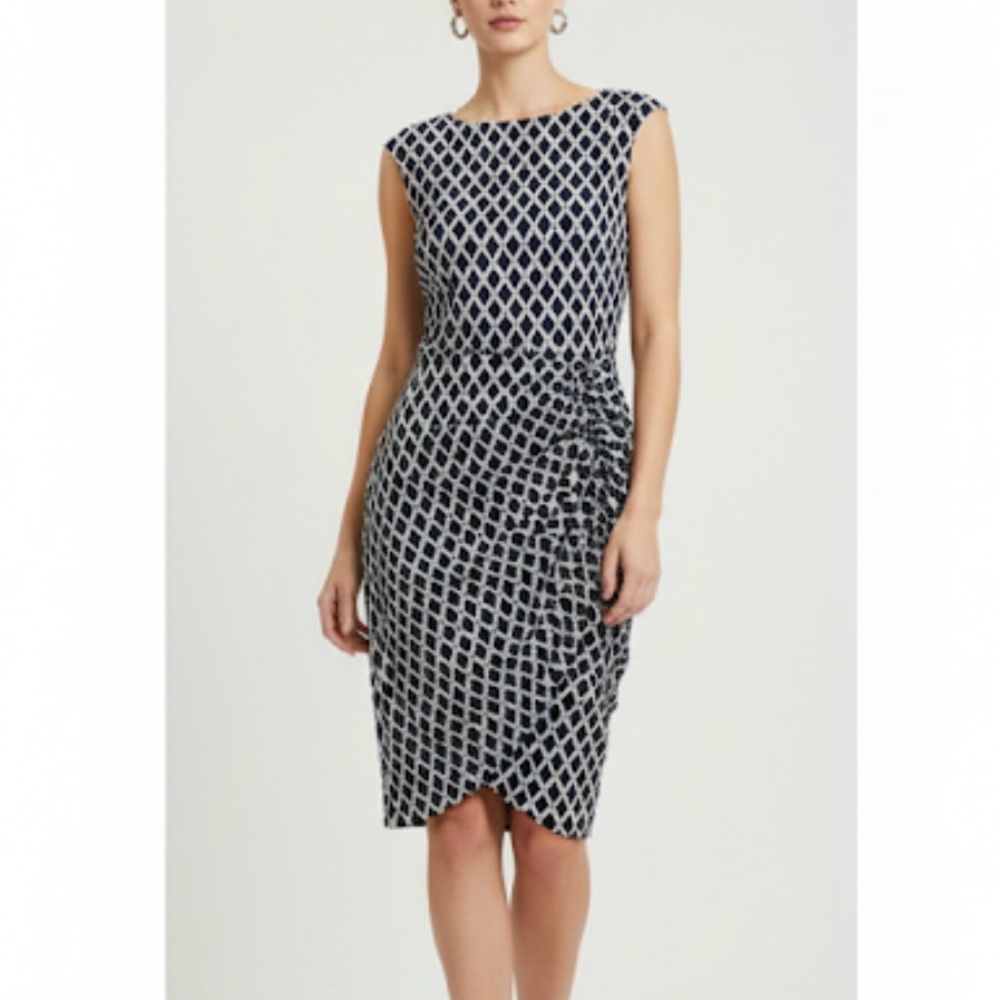Ralph Lauren Black Ivory Lattice Geo Stretch Ruched Sleeveless Sheath Dress 8‎